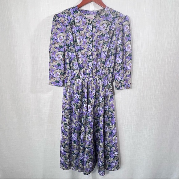 Vintage 70’s California Looks Floral Long Sleeve Button Front Dress Size 12P - Picture 1 of 12